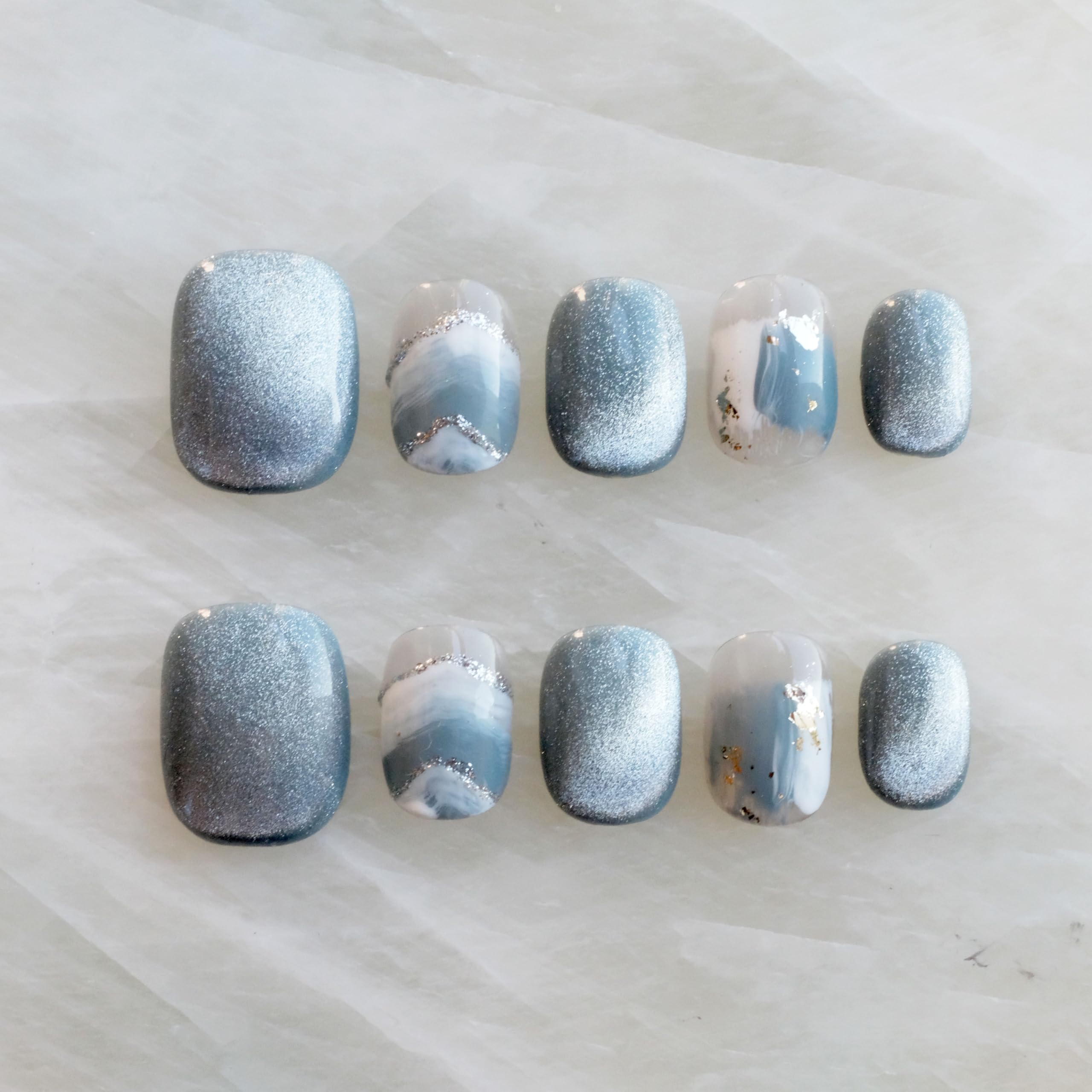 GLORS Purely Handmade Press On Nails | Blue White Glitter Snow Mountain Short Square, 10 Pieces