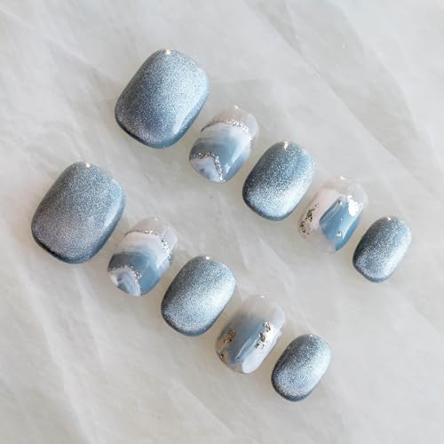 GLORS Purely Handmade Press On Nails | Blue White Glitter Snow Mountain Short Square, 10 Pieces