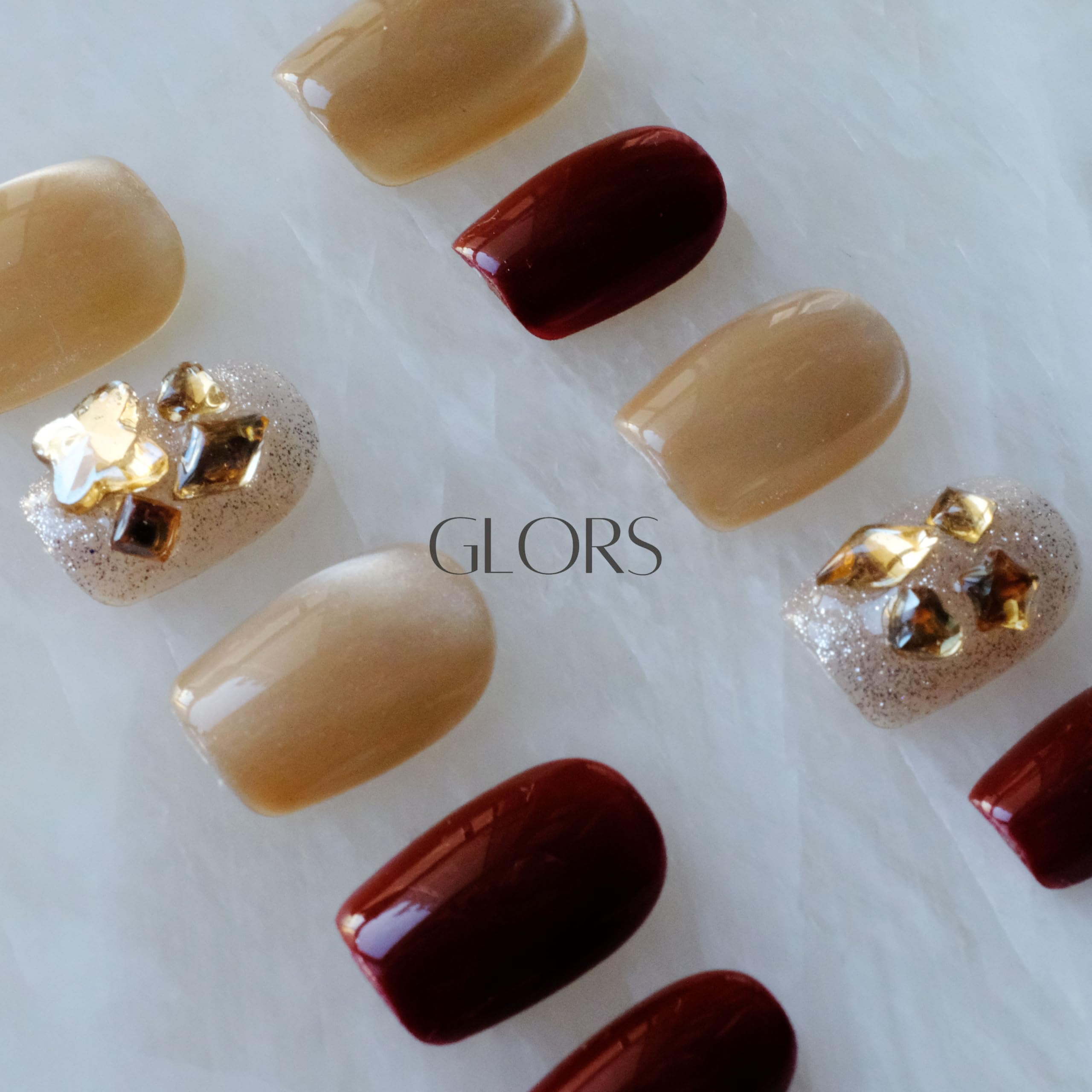 GLORS Purely Handmade Press On Nails - Burgundy Moonlight Cat-Eye, Short Square, 10 pcs (SS)