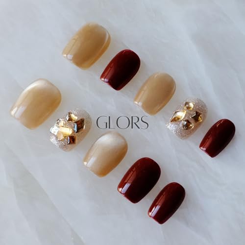 GLORS Purely Handmade Press On Nails - Burgundy Moonlight Cat-Eye, Short Square, 10 pcs (SS)
