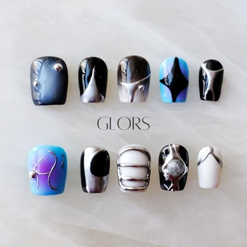 [GLORS] Purely Handmade Press On Nails | AI Cyberpunk Metallic Short Square – 10 Pieces
