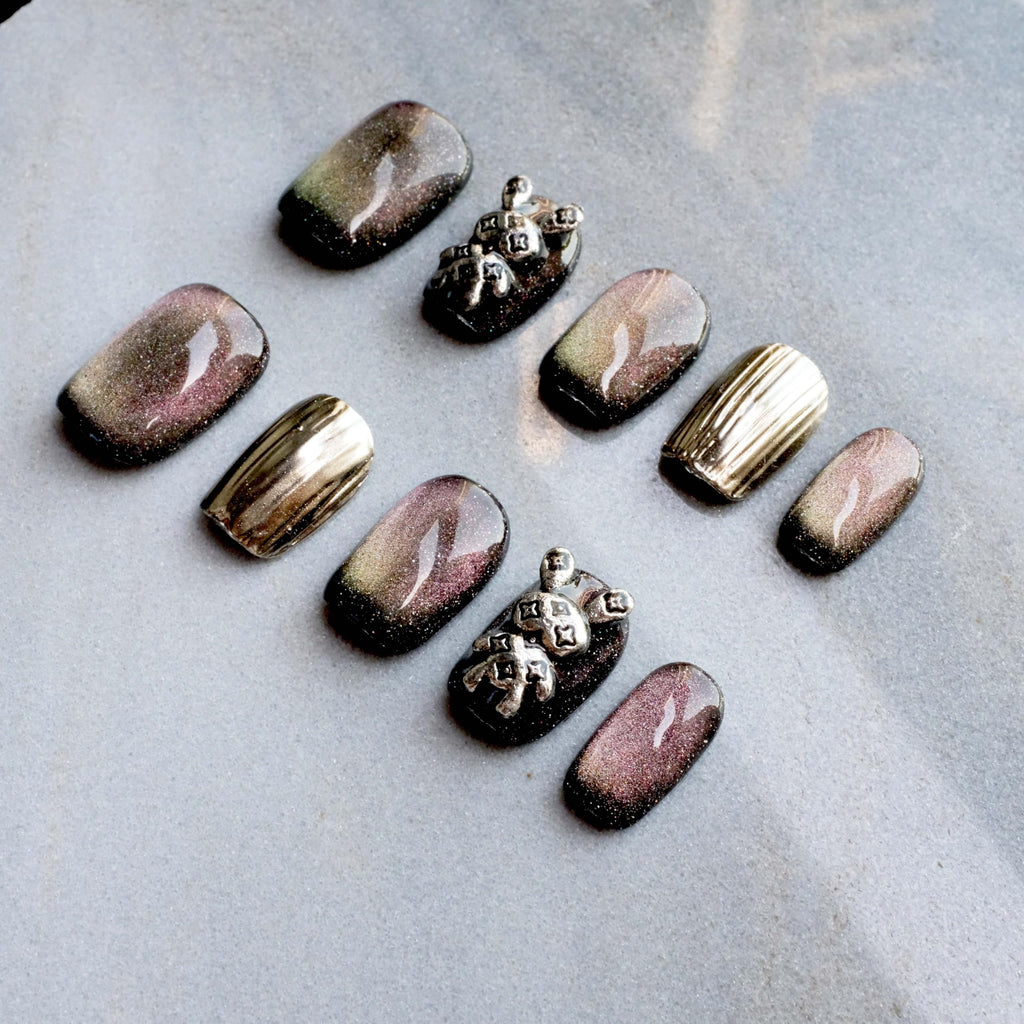 GLORS Purely Handmade Press On Nails - Purple Gold Bunny Cat-Eye (10 pcs)