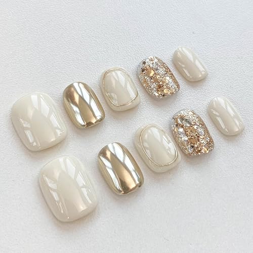 GLORS Purely Handmade Press On Nails | Beige Gold Glitter Short Square 10-Piece Set | Salon Quality