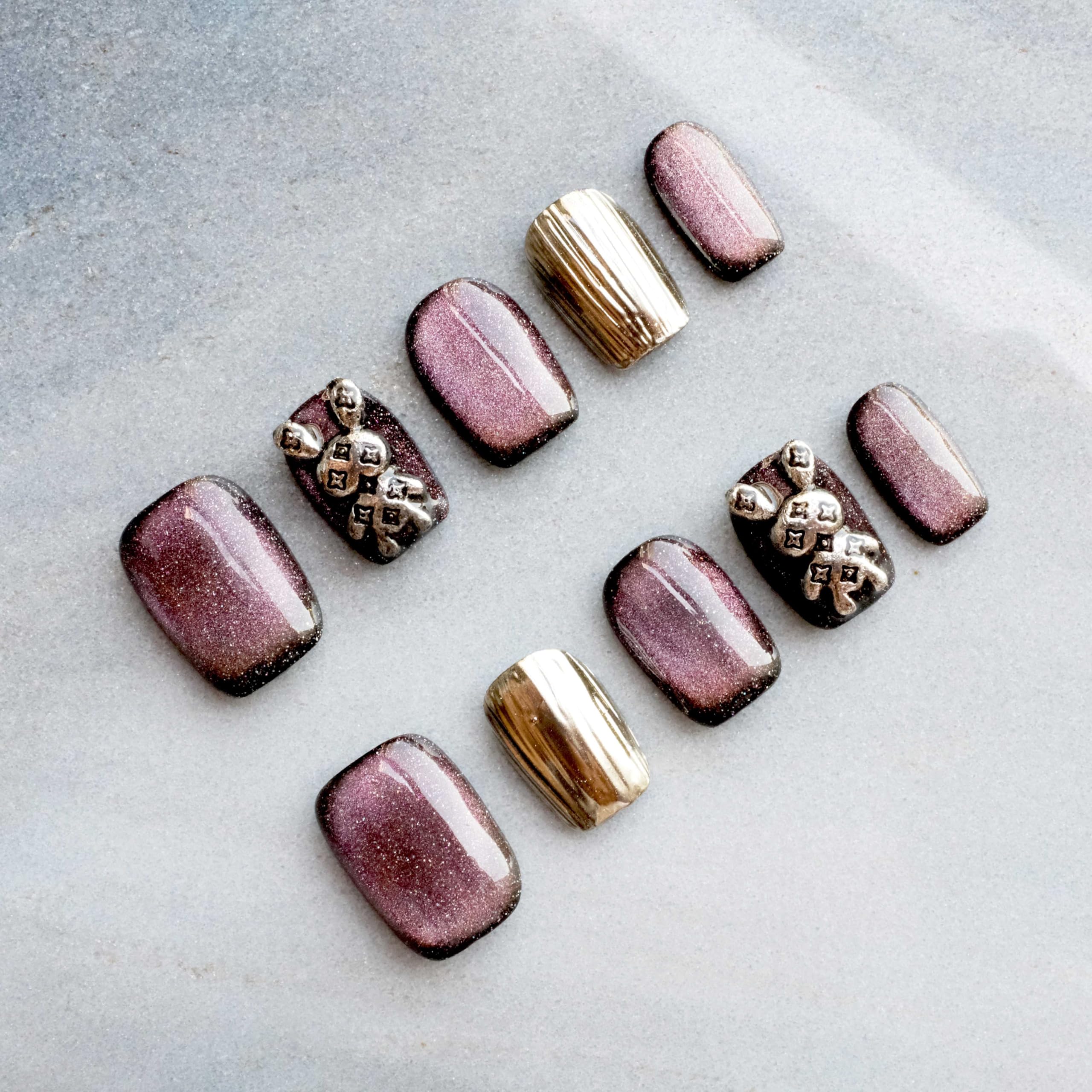 GLORS Purely Handmade Press On Nails - Purple Gold Bunny Cat-Eye (10 pcs)
