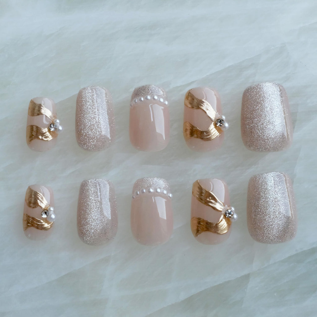 GLORS Purely Handmade Press On Nails – Elegant French Pink Pearl Gold Short Square 10 Pieces (SS)