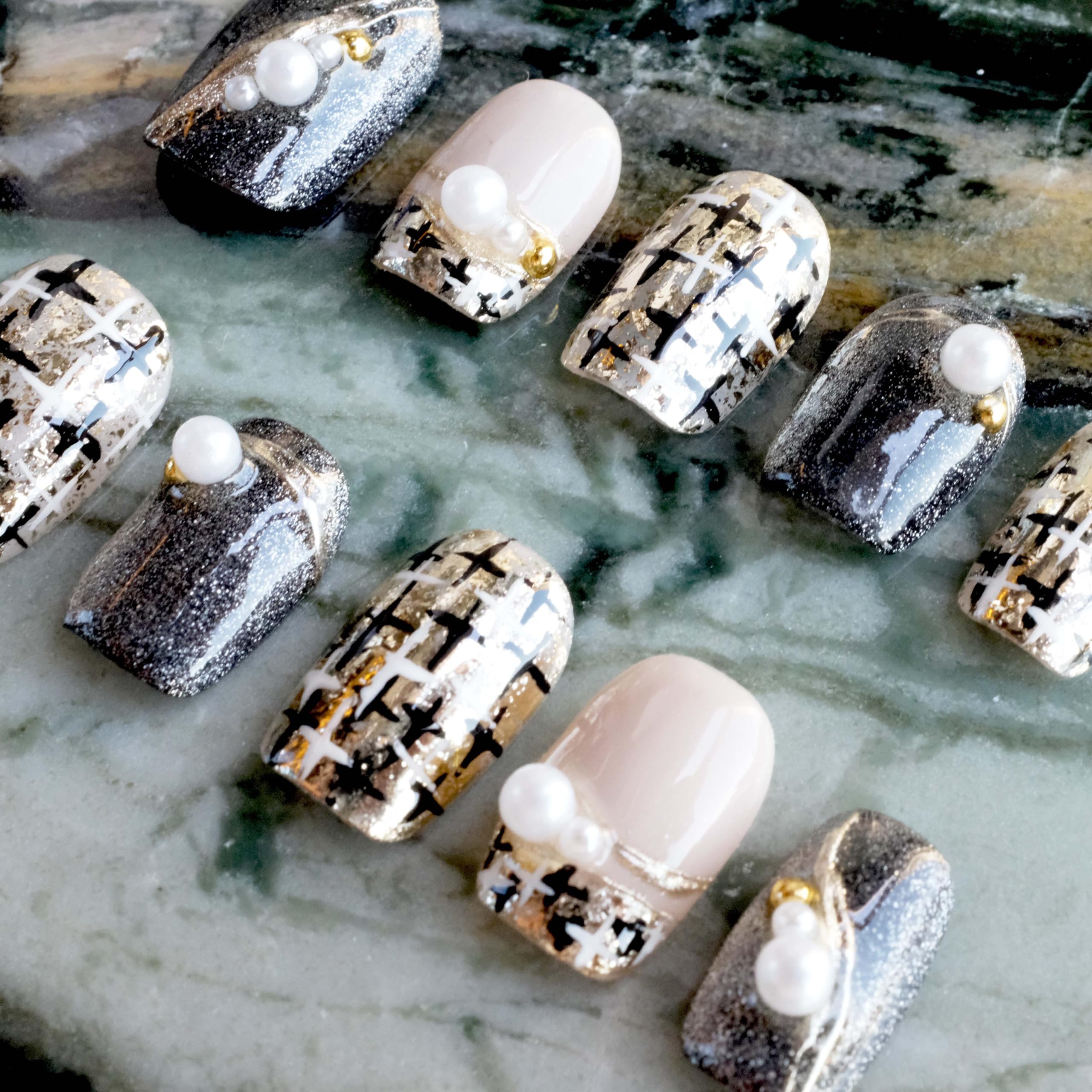 GLORS Purely Handmade Press On Nails | Short Square 10 Pieces SS | Gold & Pearl Salon-Quality Nail Art