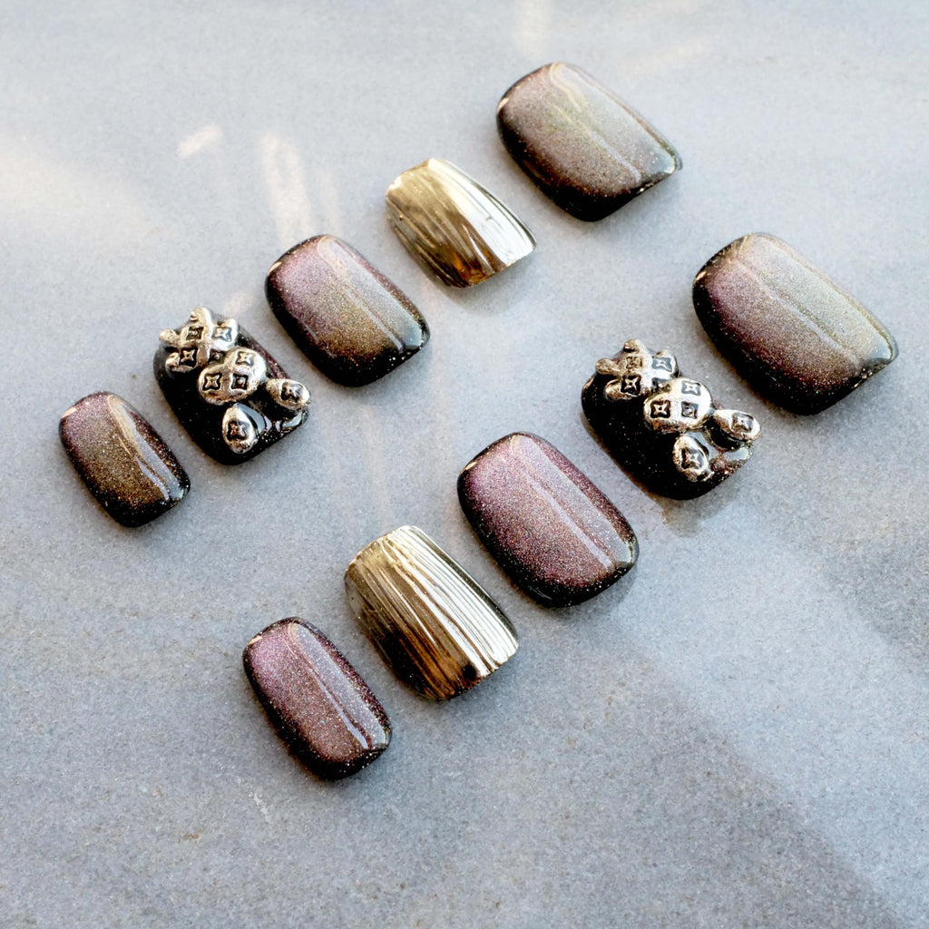 GLORS Purely Handmade Press On Nails - Purple Gold Bunny Cat-Eye (10 pcs)