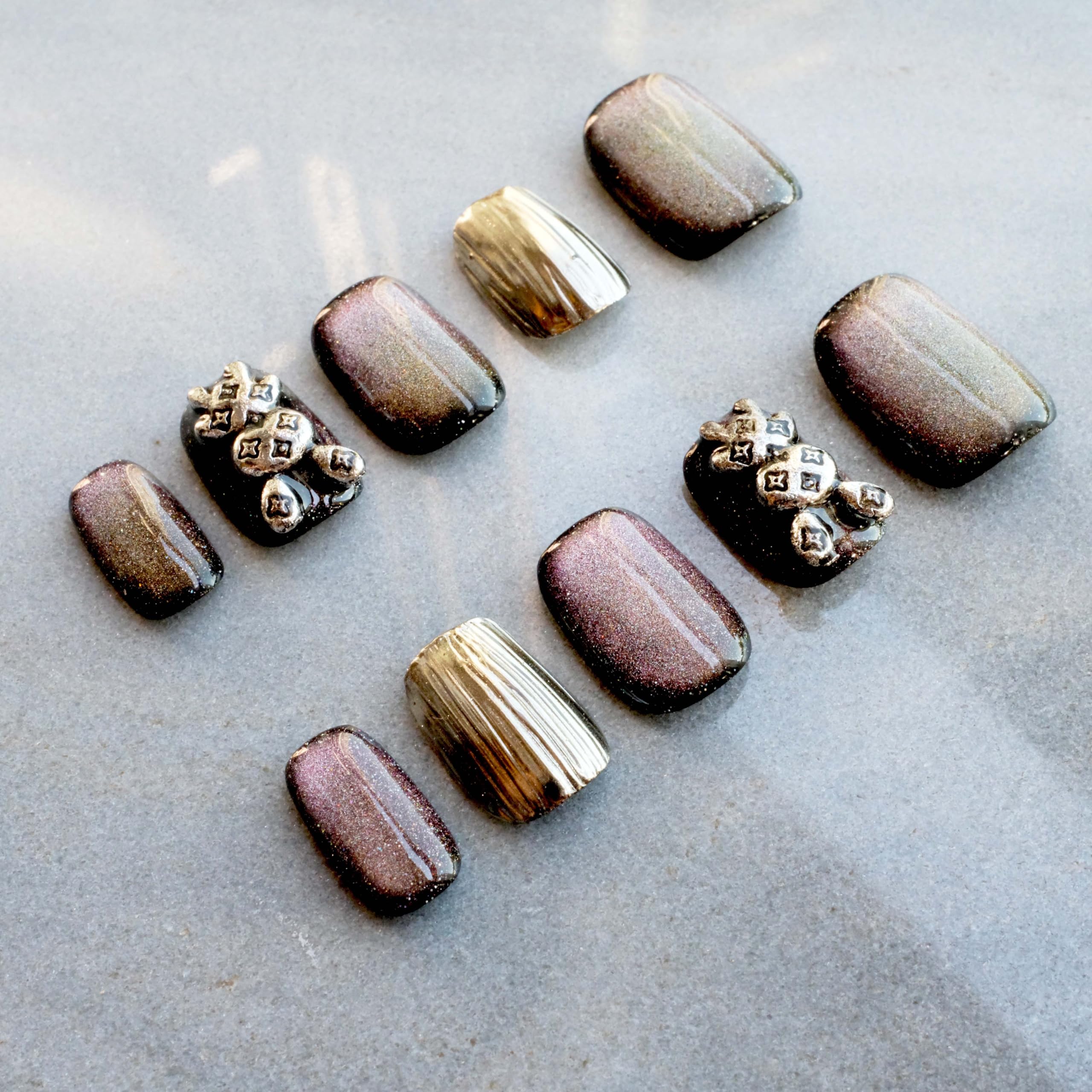 GLORS Purely Handmade Press On Nails - Purple Gold Bunny Cat-Eye (10 pcs)
