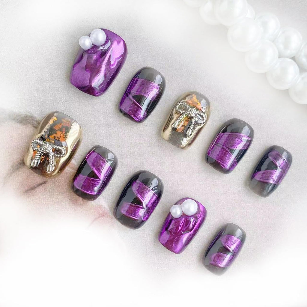 [GLORS] Purely Handmade Press On Nails – Purple Mirror Powder, Short Square, 10 Pcs (Medium, SS)