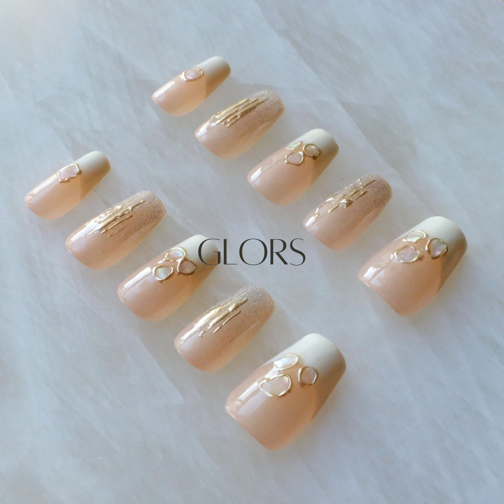 GLORS Purly Handmade Medium Ballerina Press-On Nails – Shell Piece Mica Love, 10 Pieces (MB)