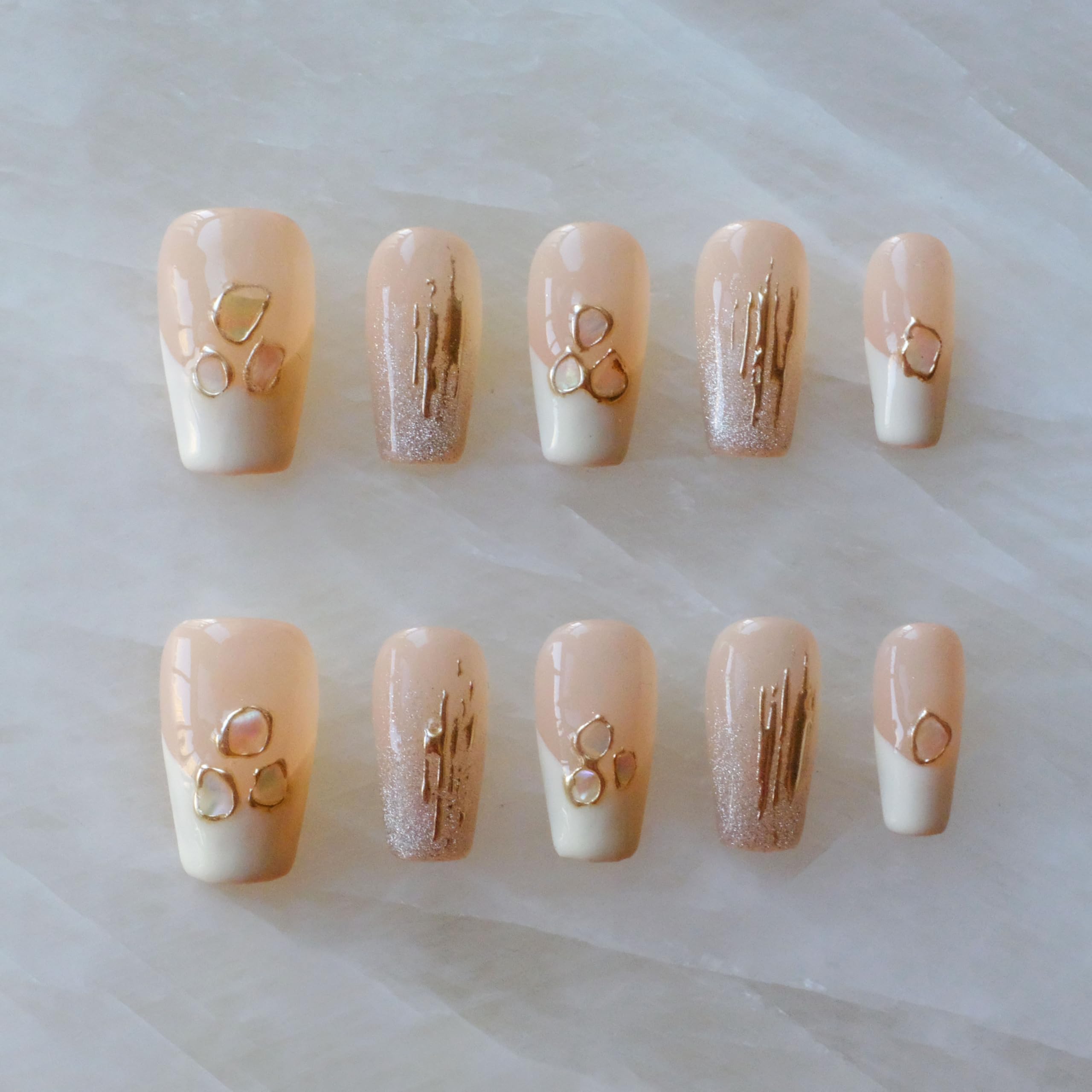 GLORS Purly Handmade Medium Ballerina Press-On Nails – Shell Piece Mica Love, 10 Pieces (MB)