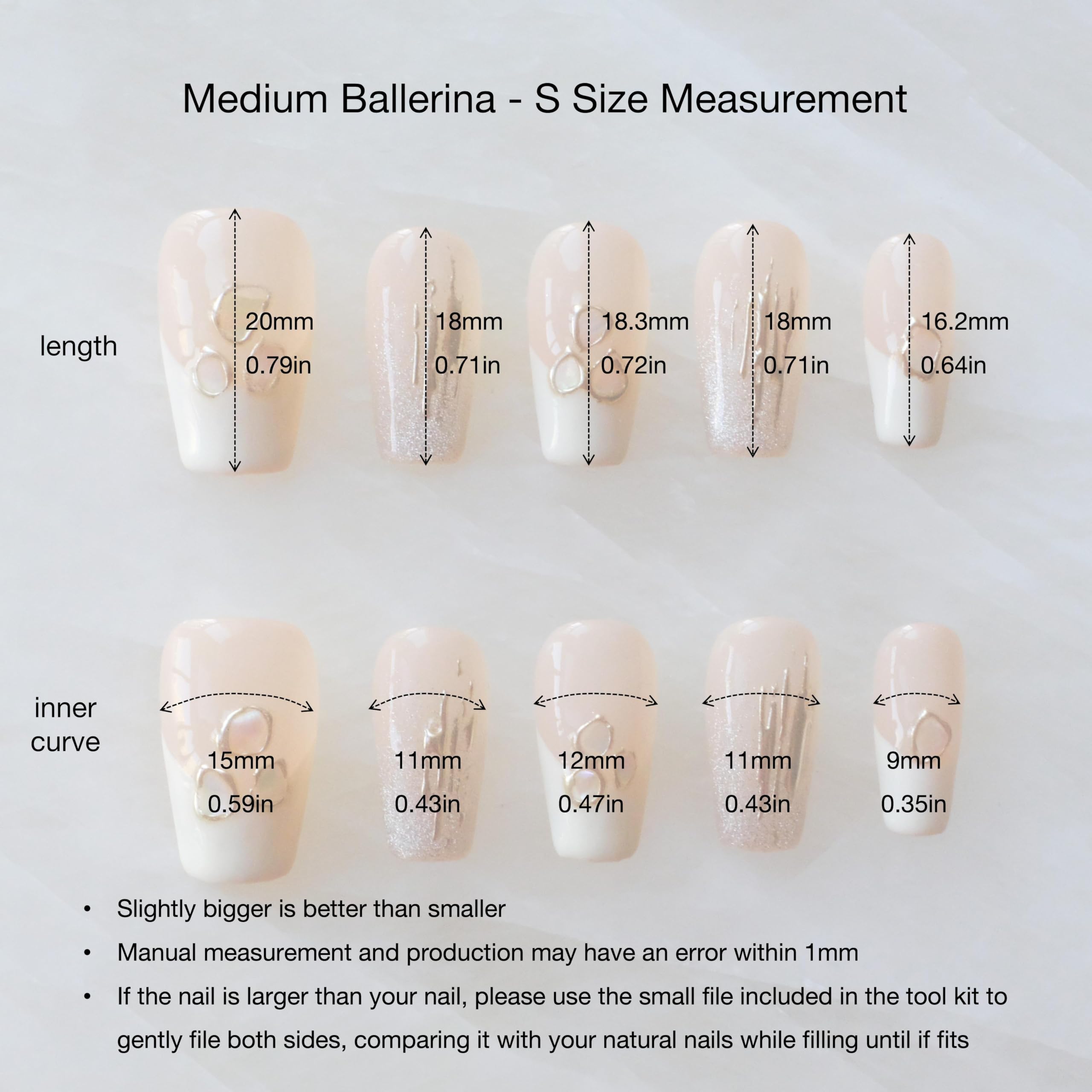 GLORS Purly Handmade Medium Ballerina Press-On Nails – Shell Piece Mica Love, 10 Pieces (MB)