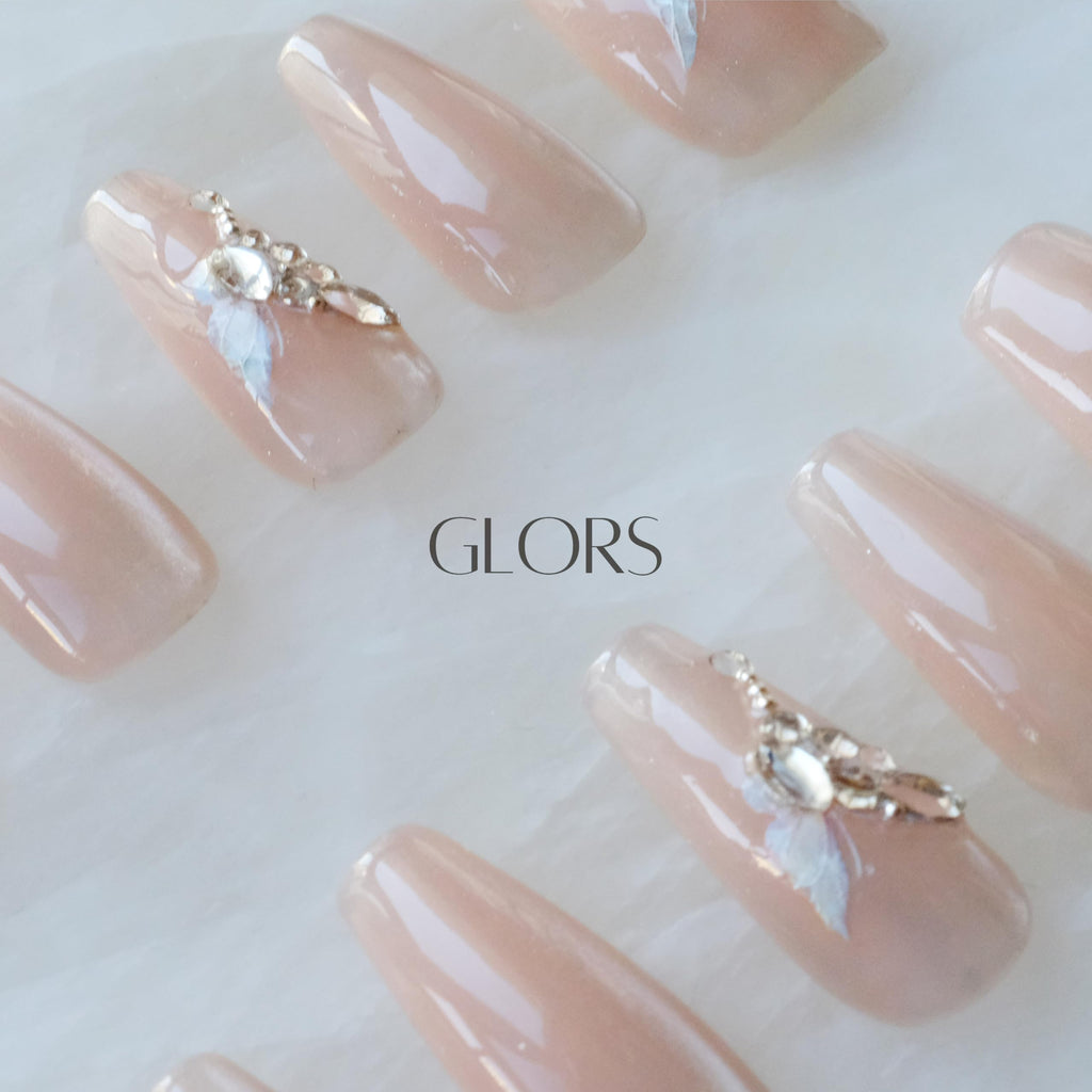 GLORS Press On Nails - Long Ballerina Coffin Nude Pink with Butterfly Rhinestones (10-Piece, Medium LB)