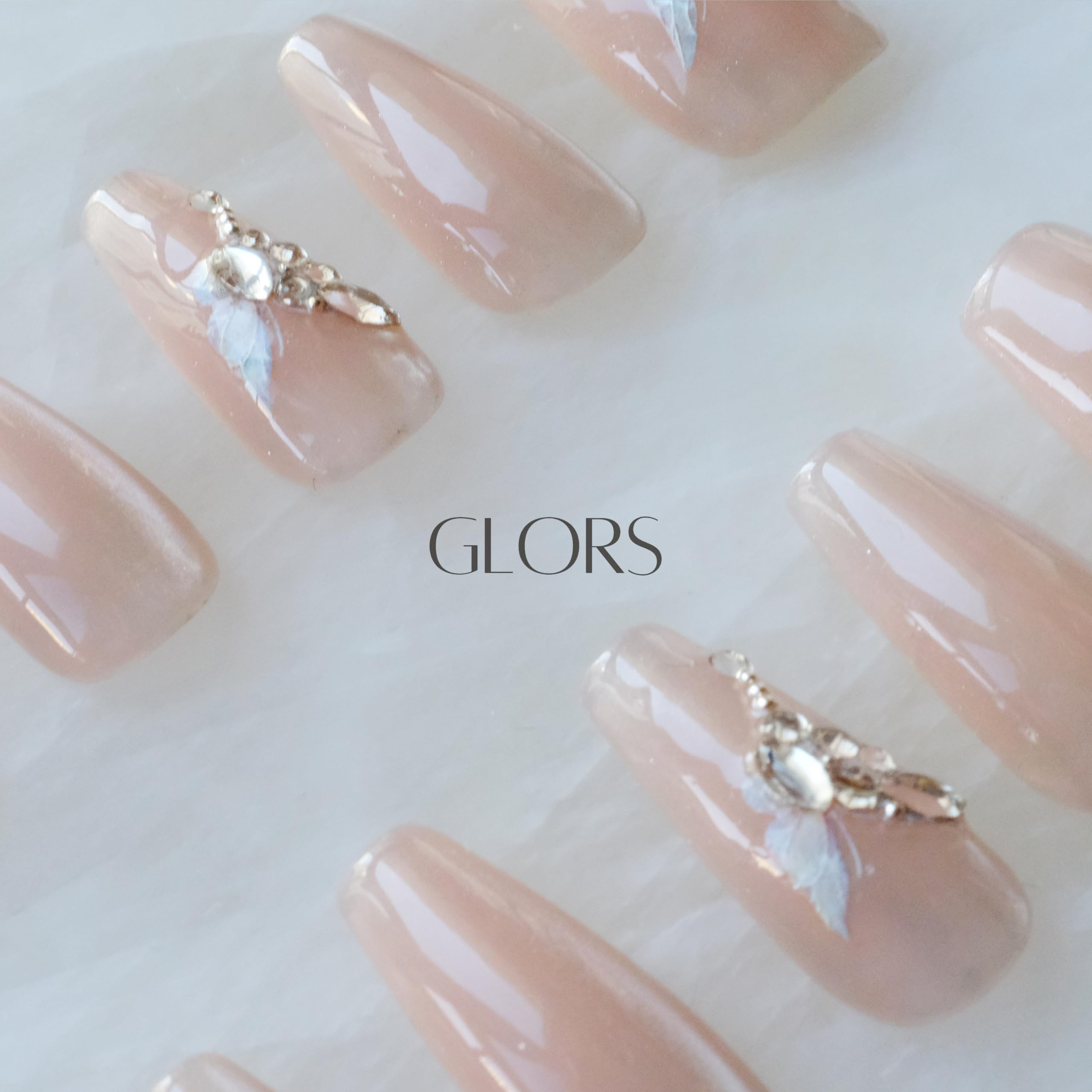 GLORS Press On Nails - Long Ballerina Coffin Nude Pink with Butterfly Rhinestones (10-Piece, Medium LB)