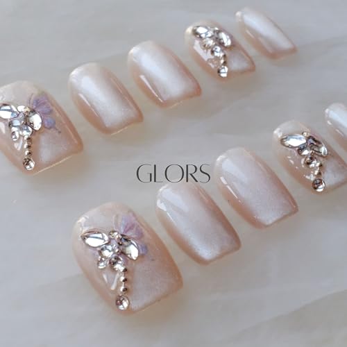GLORS Purely Handmade Short Press On Nails | SCSbutterfly Cat-Eye Art (10 pcs, Small)