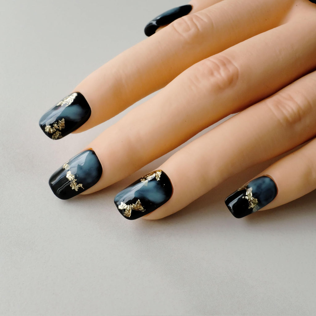 GLORS Short Square Press-On Nails – Black & Blue Marble with Gold Glitter (10 Pcs, Medium, SS)