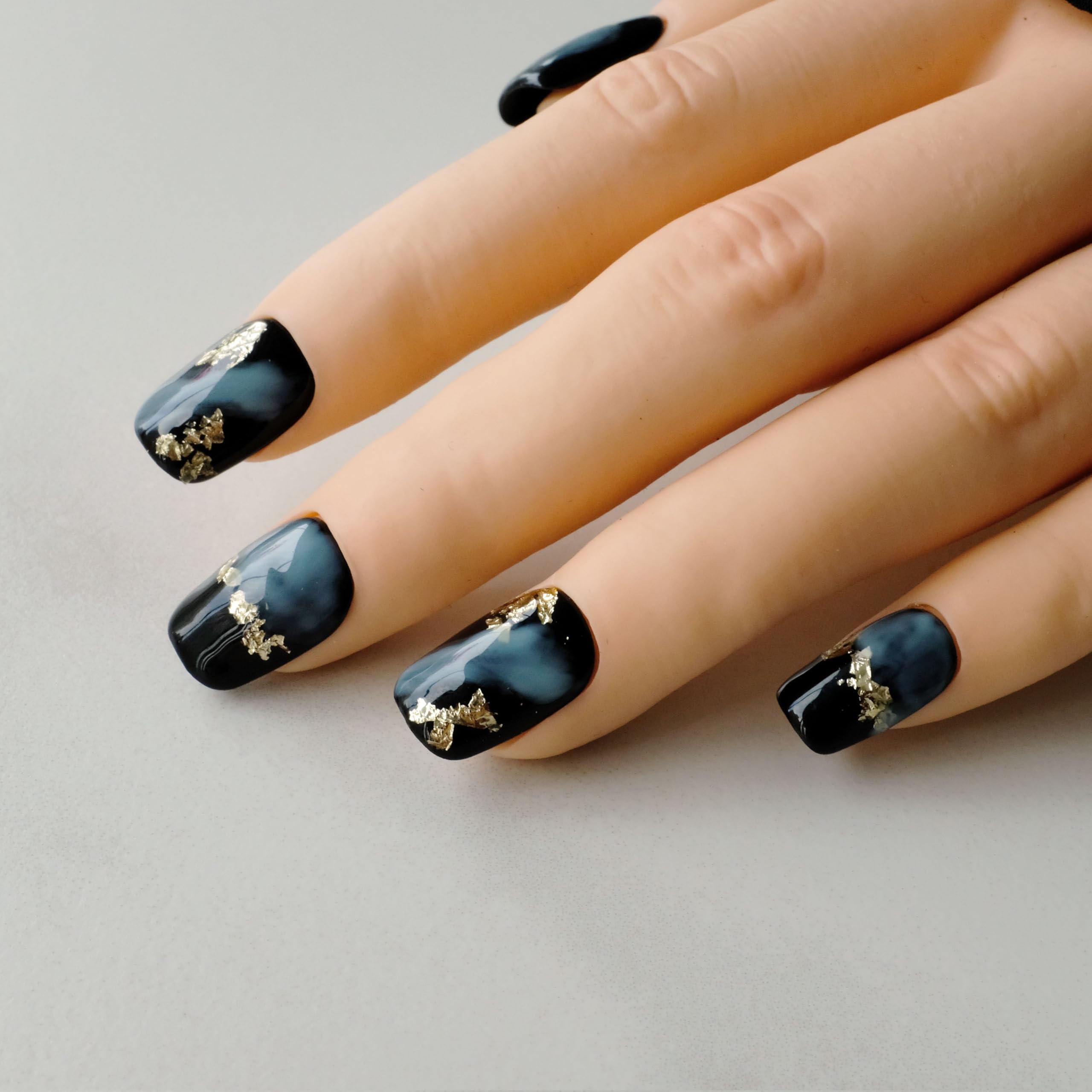GLORS Short Square Press-On Nails – Black & Blue Marble with Gold Glitter (10 Pcs, Medium, SS)