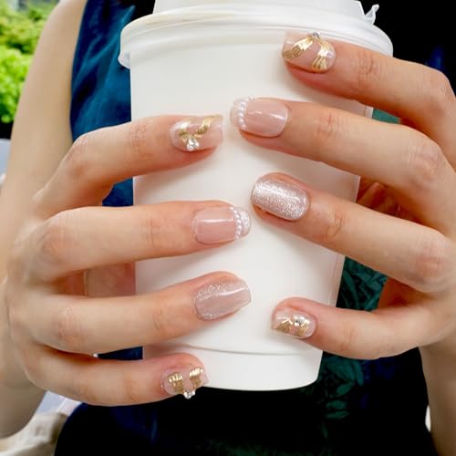 GLORS Purely Handmade Press On Nails – Elegant French Pink Pearl Gold Short Square 10 Pieces (SS)