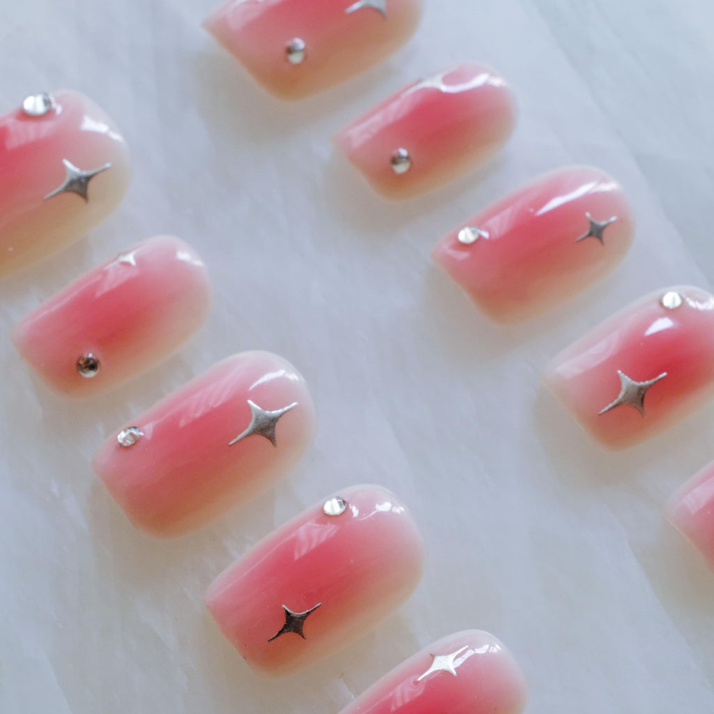 GLORS Short Square Press On Nails – Pink with Silver Stars | 10-Piece Salon-Quality Set (SS)