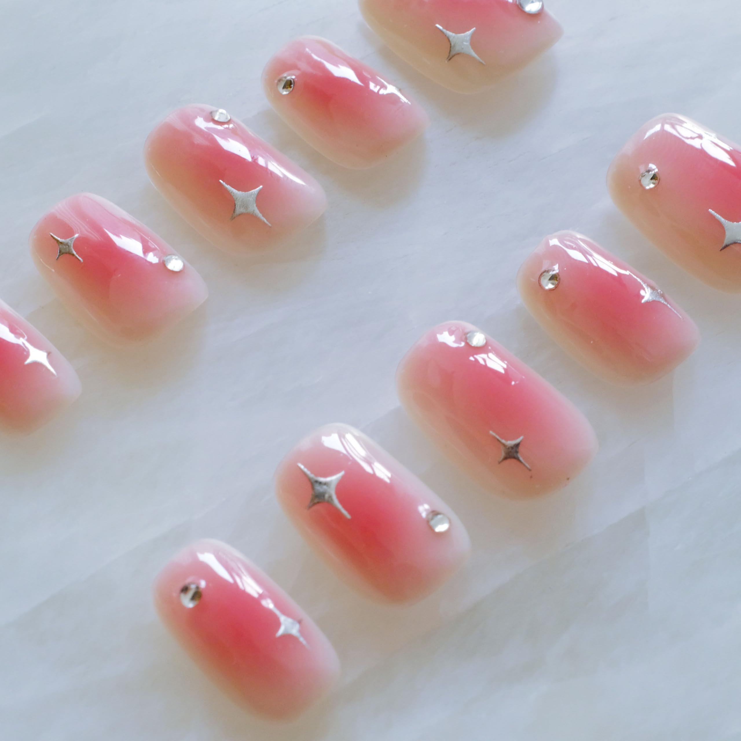 GLORS Short Square Press On Nails – Pink with Silver Stars | 10-Piece Salon-Quality Set (SS)