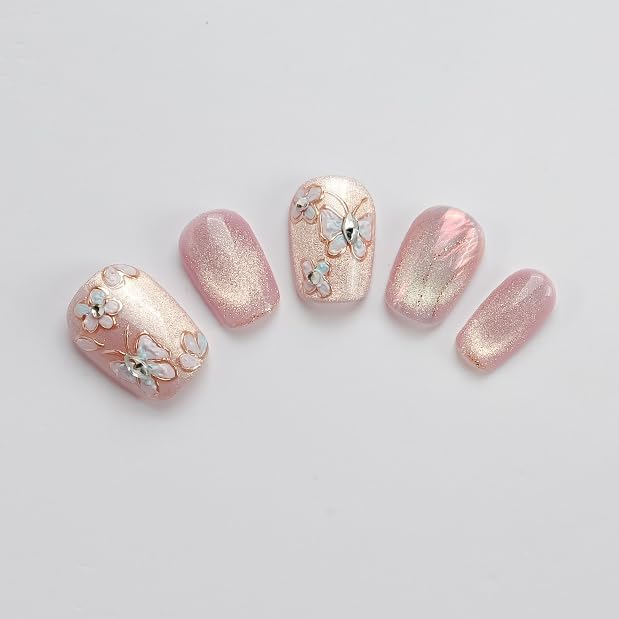 GLORS Unique Art Nail Press On Nails – Pink Cat Eye Butterflies & Flowers, Short Square, 10 Pieces (Medium, SS)
