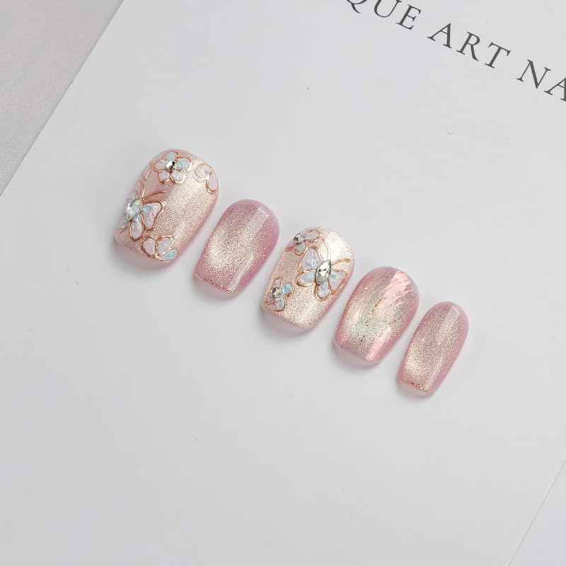 GLORS Unique Art Nail Press On Nails – Pink Cat Eye Butterflies & Flowers, Short Square, 10 Pieces (Medium, SS)
