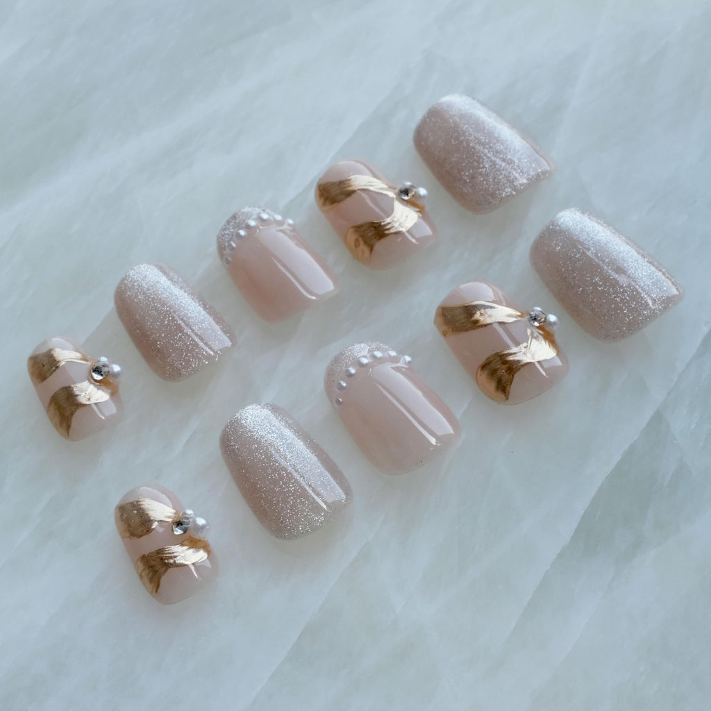 GLORS Purely Handmade Press On Nails – Elegant French Pink Pearl Gold Short Square 10 Pieces (SS)