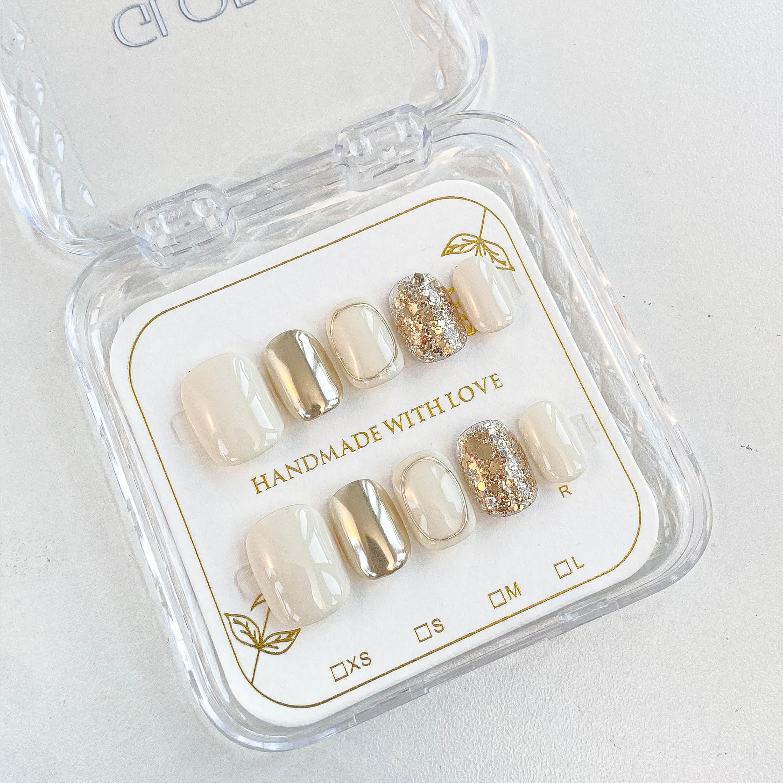 GLORS Purely Handmade Press On Nails | Beige Gold Glitter, Short Square, 10 pcs