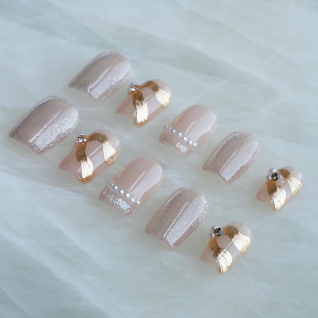 GLORS Purely Handmade Press On Nails – Elegant French Pink Pearl Gold, Short Square, 10 pcs (Medium SS)