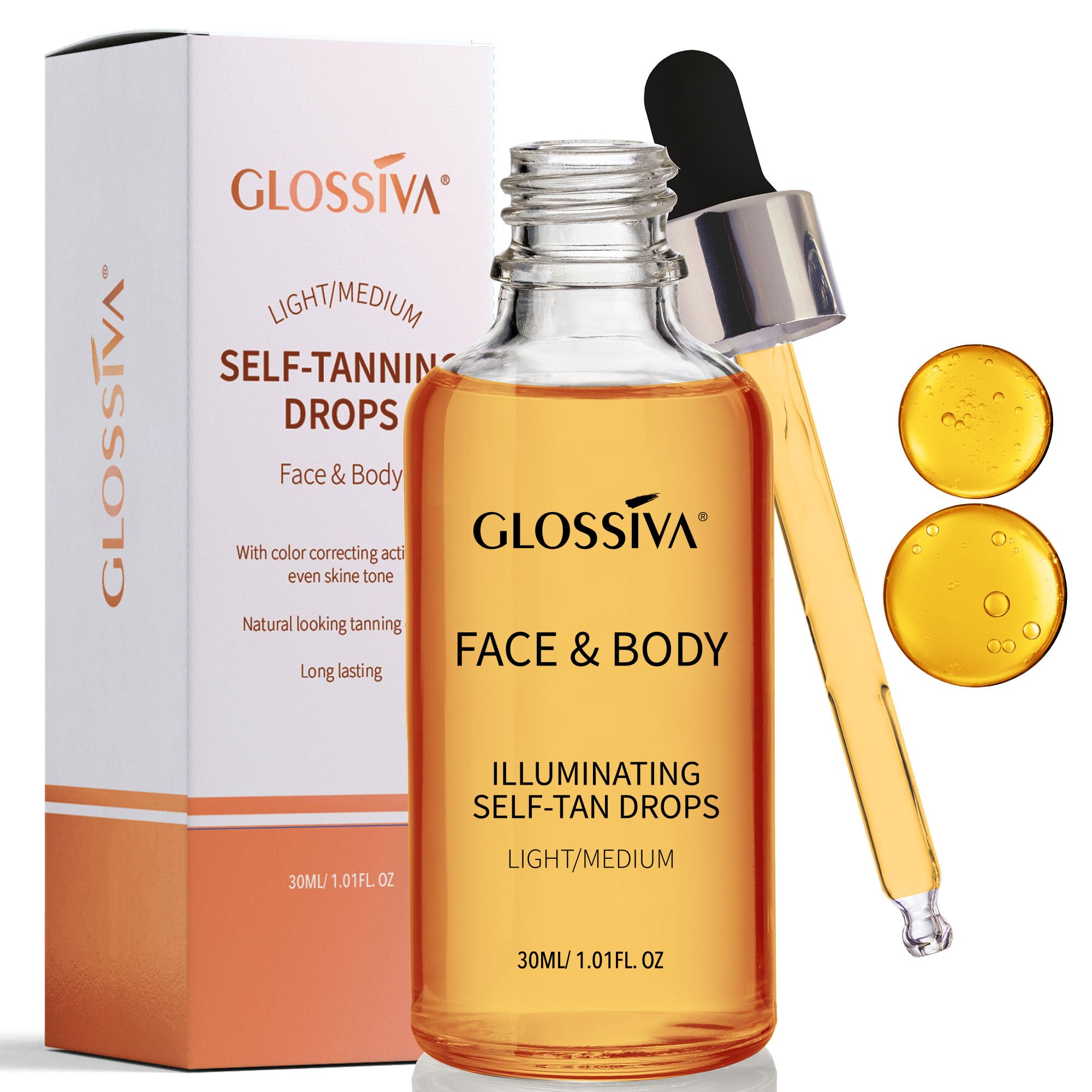 Glossiva Self Tanning Drops | Sunless Tan for Face & Body | Gradual, Long-Lasting Bronze (1.01 fl oz)