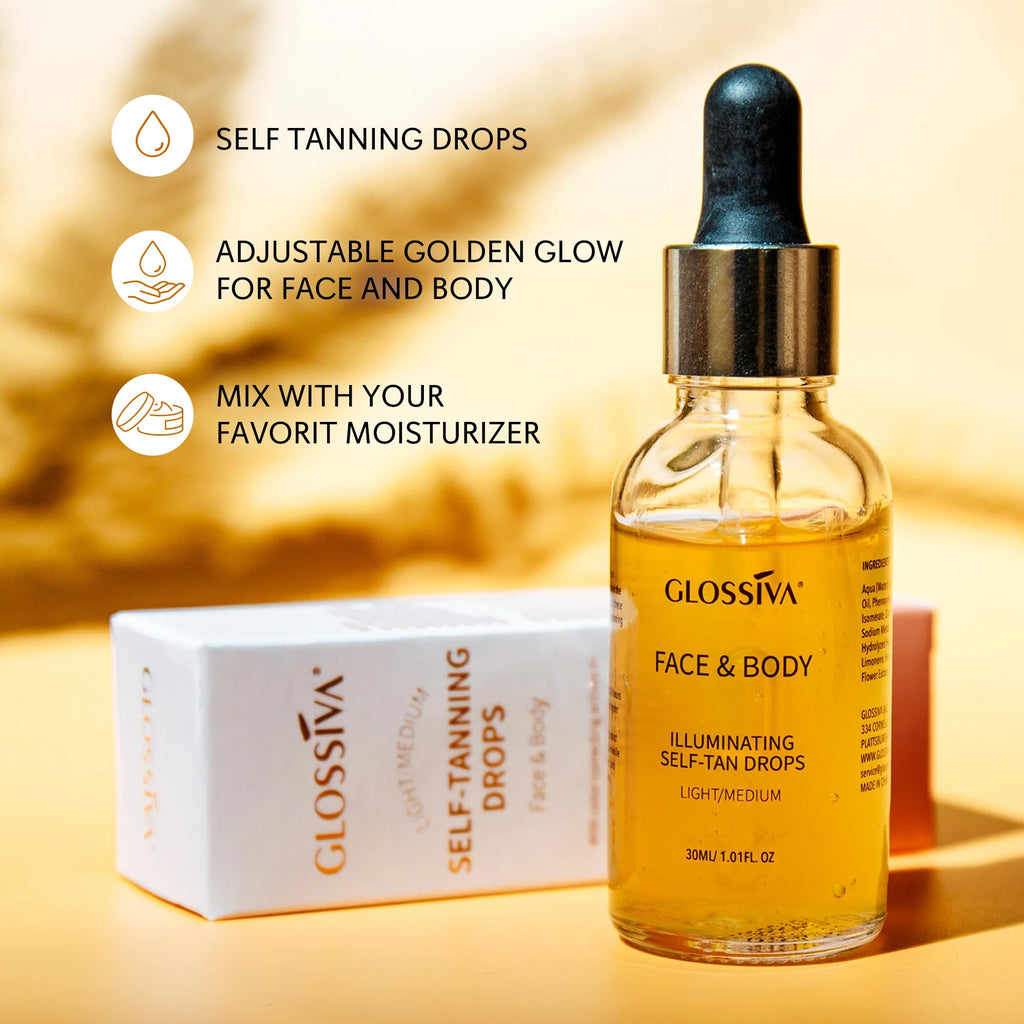 Glossiva Self Tanning Drops | Sunless Tan for Face & Body | Gradual, Long-Lasting Bronze (1.01 fl oz)