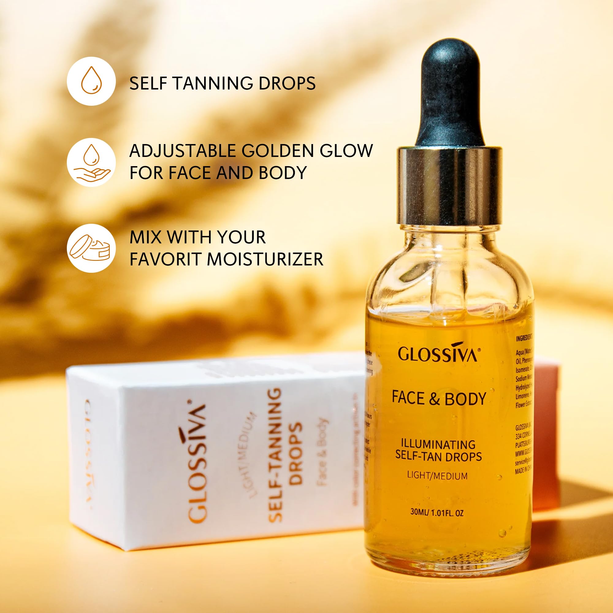 Glossiva Self Tanning Drops | Sunless Tan for Face & Body | Gradual, Long-Lasting Bronze (1.01 fl oz)