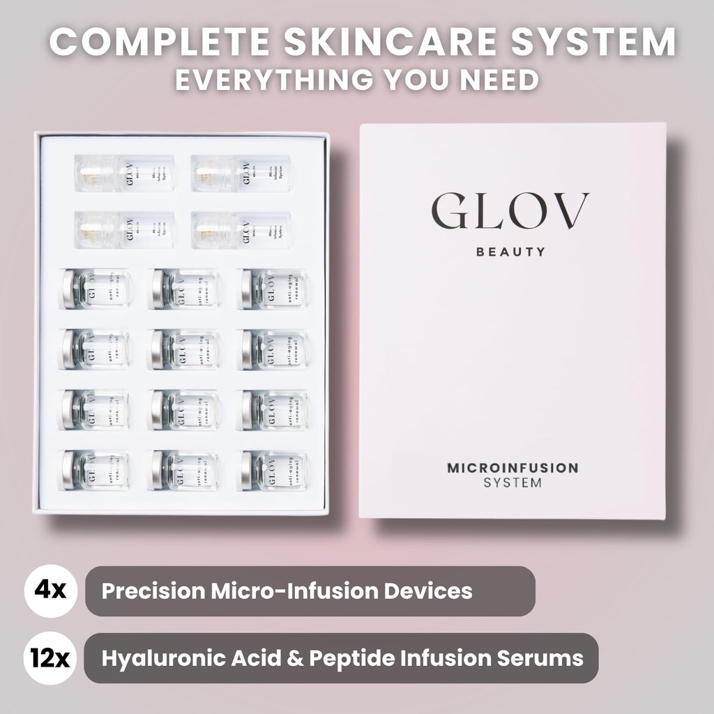 Glov Beauty Micro Infusion System – 0.25mm Gold Facial Stamp with Hyaluronic Serum (4 Infusions, 12 Ampoules)