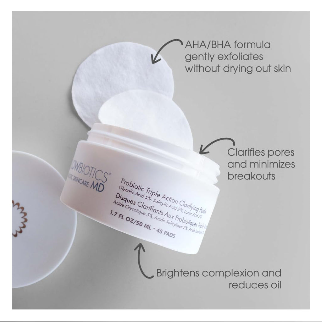 Glowbiotics Probiotic Triple Action Clarifying Pads – 5% Glycolic, 2% Lactic, 2% Salicylic, 60 Pads