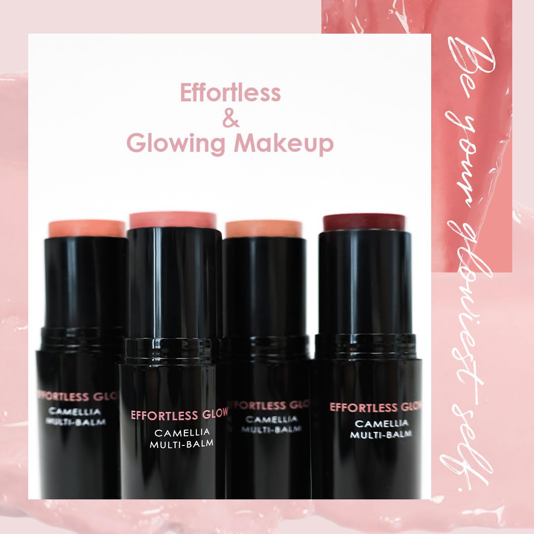 Glowiest Effortless Glow Camellia Multi-Balm – Lips & Cheeks, Brush Included, Dewy Finish (Dusty Rose)