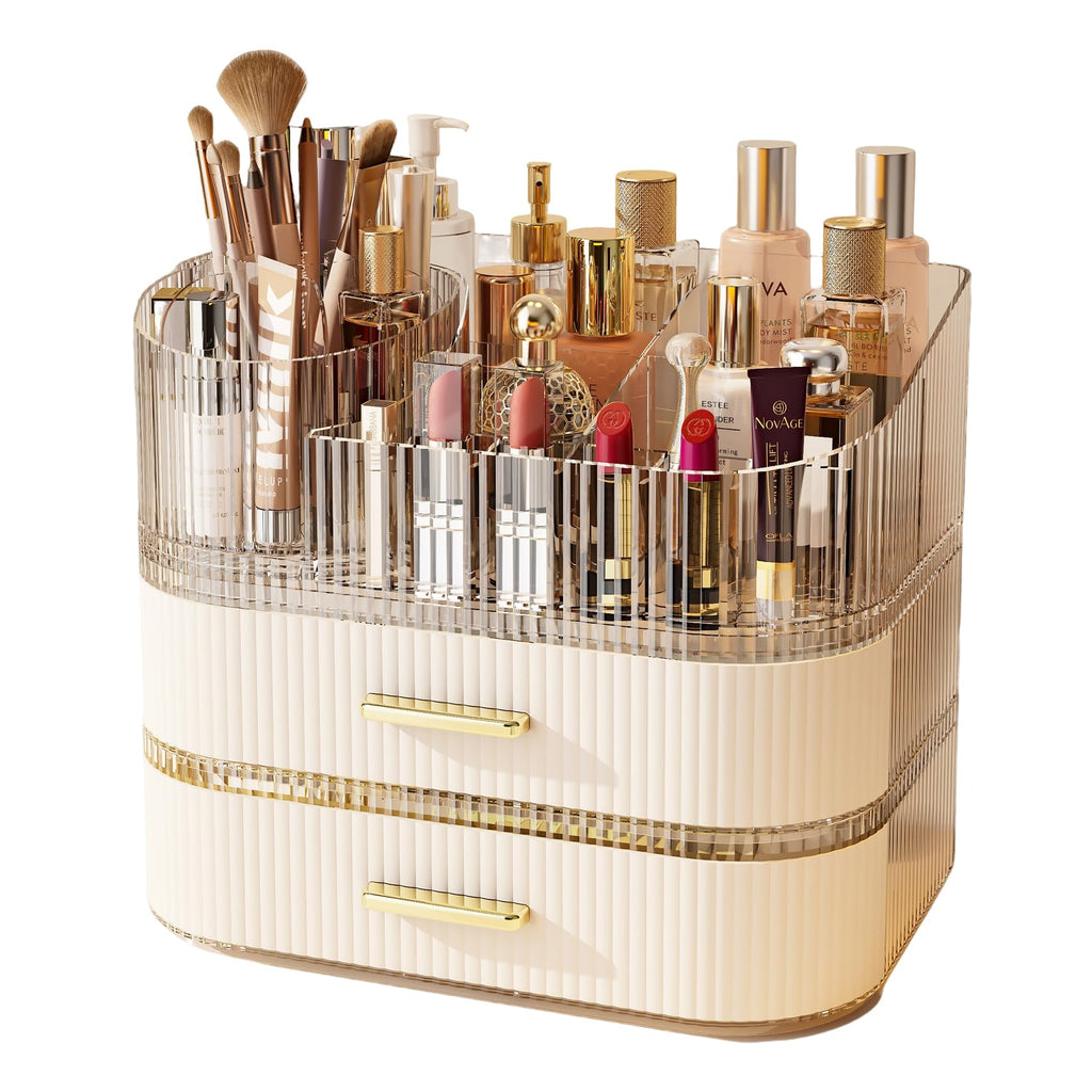 Glowspire Makeup Organizer — 360° Brush Holder, 3-Layer Stackable Drawers, White