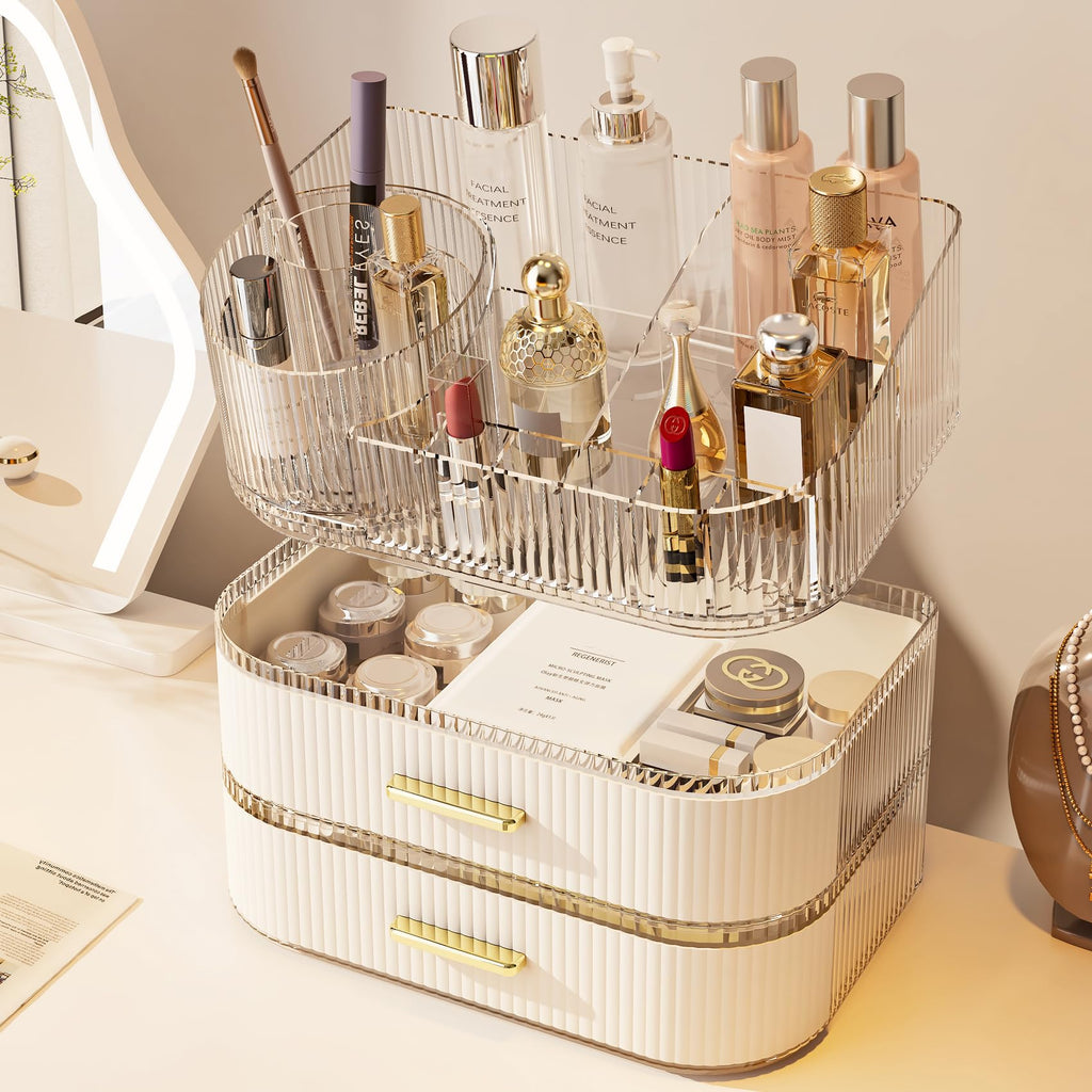 Glowspire Makeup Organizer — 360° Brush Holder, 3-Layer Stackable Drawers, White