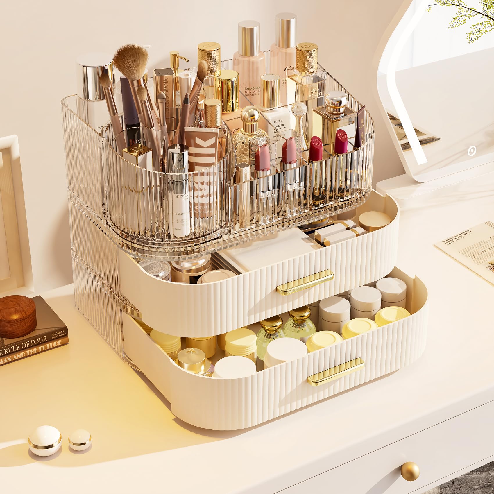 Glowspire Makeup Organizer — 360° Brush Holder, 3-Layer Stackable Drawers, White
