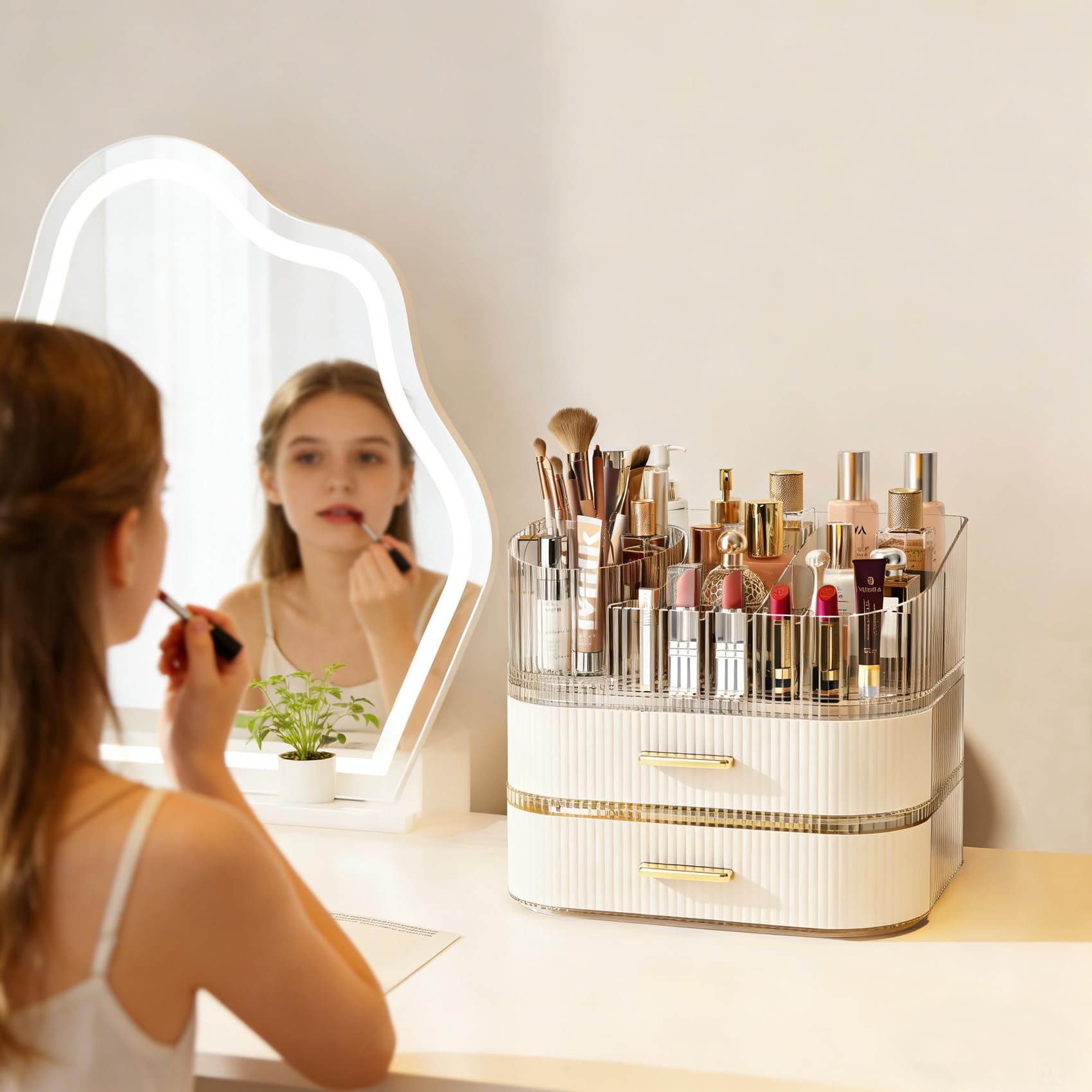 Glowspire Makeup Organizer — 360° Brush Holder, 3-Layer Stackable Drawers, White
