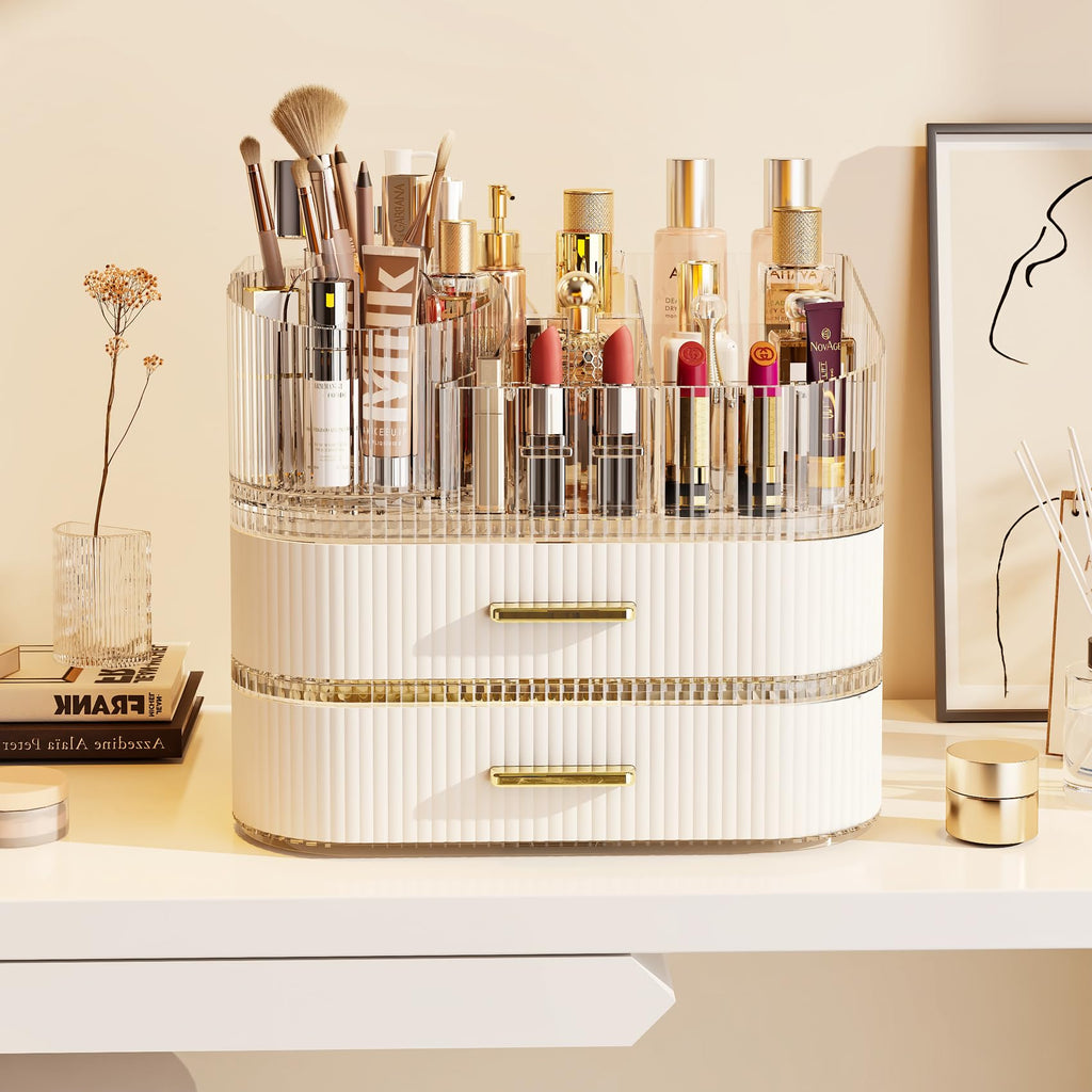 Glowspire Makeup Organizer — 360° Brush Holder, 3-Layer Stackable Drawers, White