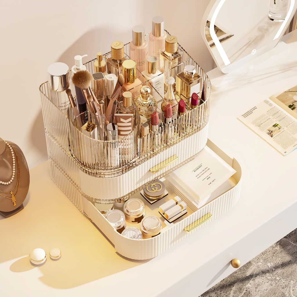 Glowspire Makeup Organizer — 360° Brush Holder, 3-Layer Stackable Drawers, White