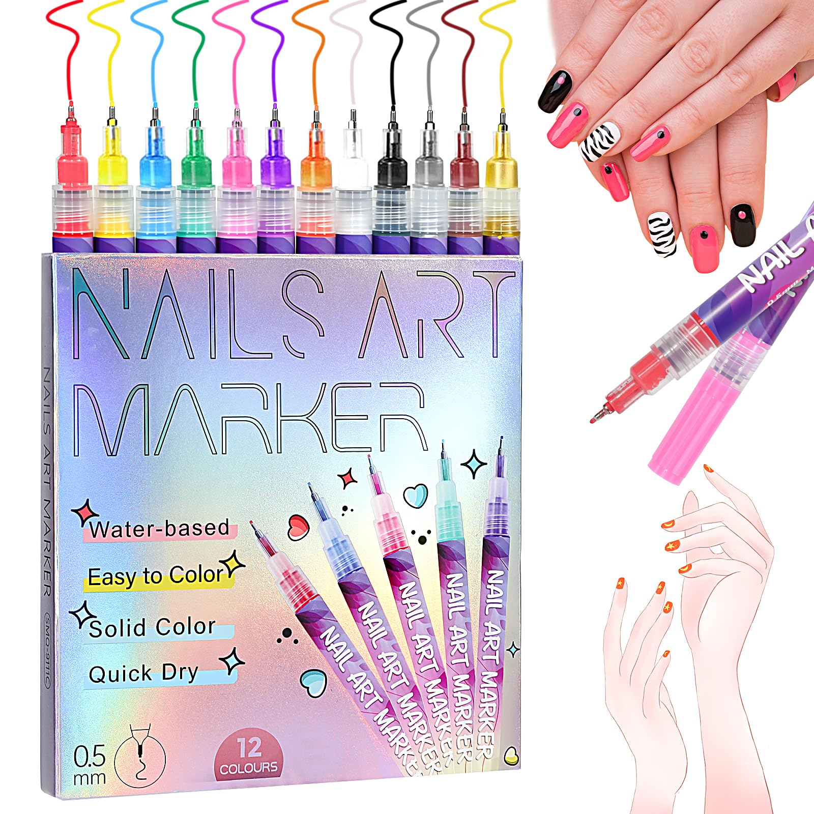 Gluixio 12 Colors Nail Art Pens – 0.5mm Fine Tip, Waterproof & Quick-Dry DIY Nail Art Set