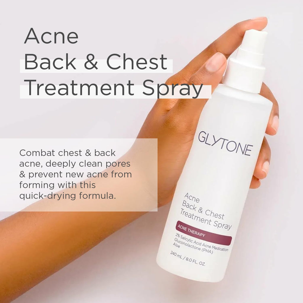 Glytone Chest & Back Acne Treatment Spray – 2% BHA with Gluconolactone, Fragrance-Free, 8 oz