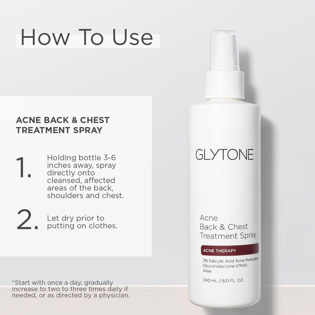 Glytone Chest & Back Acne Treatment Spray – 2% BHA with Gluconolactone, Fragrance-Free, 8 oz