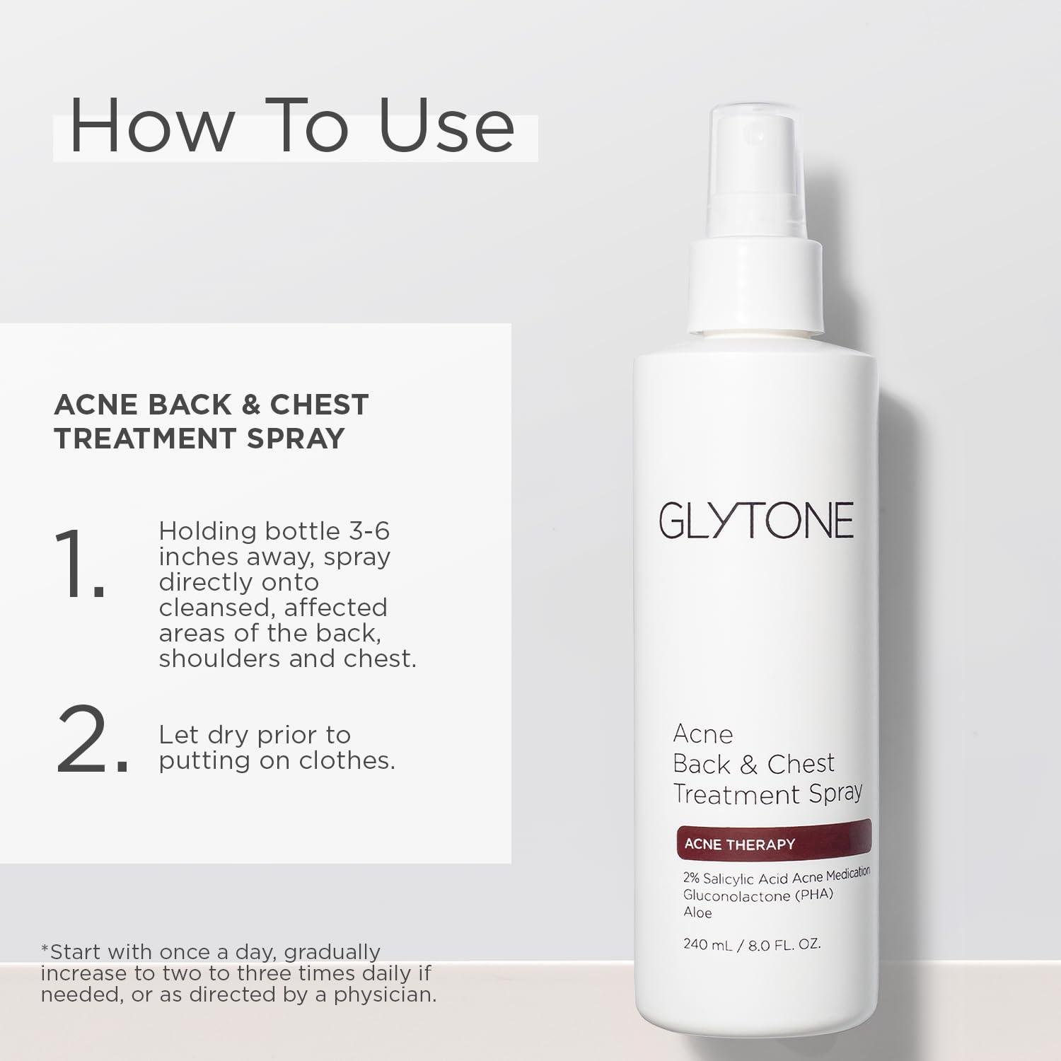 Glytone Chest & Back Acne Treatment Spray – 2% BHA with Gluconolactone, Fragrance-Free, 8 oz