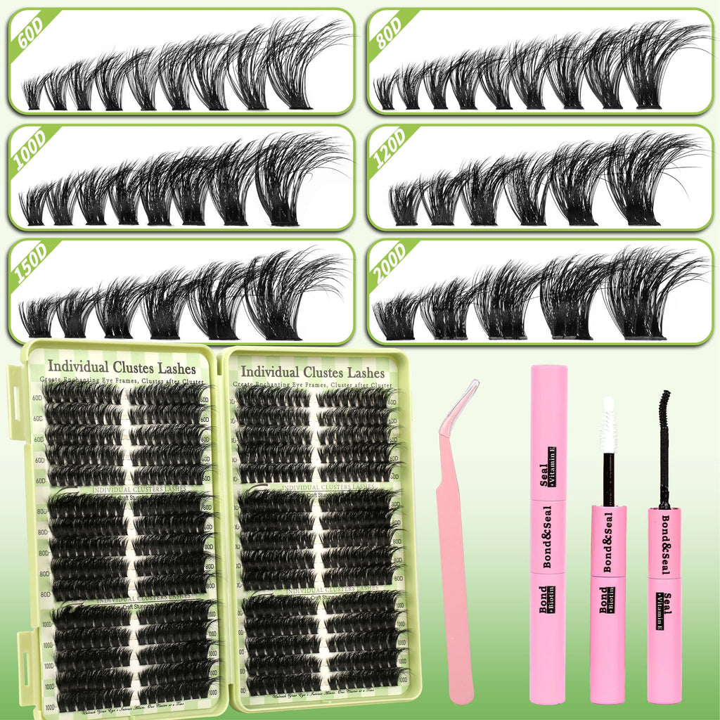 Gmagictobo Lash Clusters Kit – 430Pcs DIY Cat Eye Extensions (80D-200D) with Bond, Seal, Tweezers