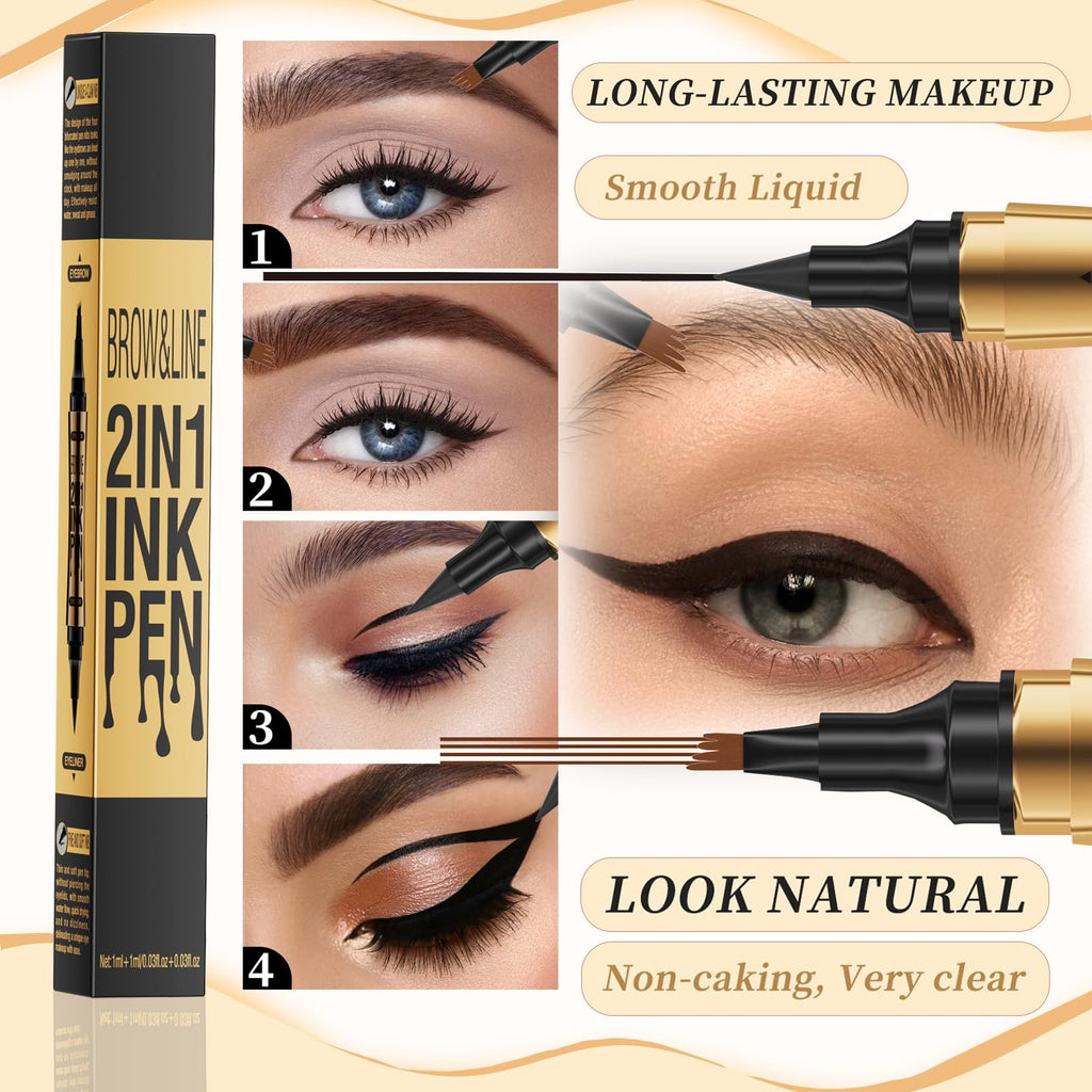 GOALSEN 3D Four-Tip Eyebrow Pen & Eyeliner Duo – Waterproof, Long-Lasting, Dark Brown & Black