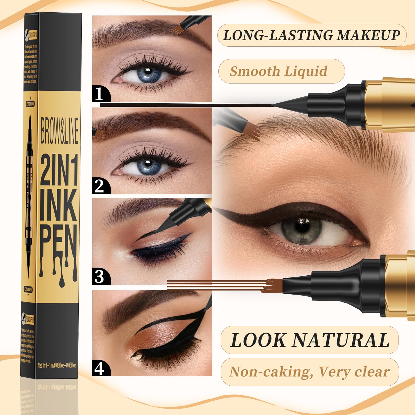 GOALSEN 3D Four-Tip Eyebrow Pen & Eyeliner Duo – Waterproof, Long-Lasting, Dark Brown & Black