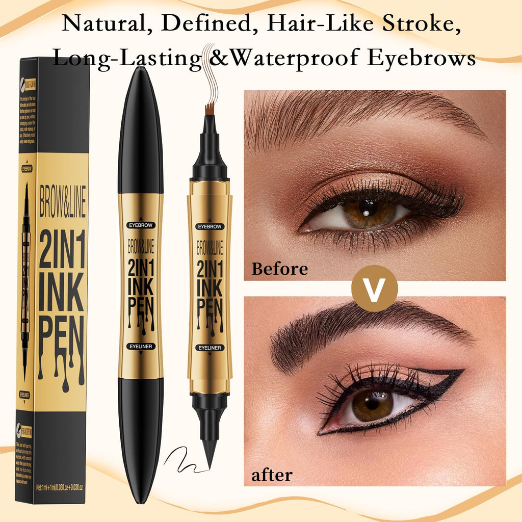 GOALSEN 3D Four-Tip Eyebrow Pen & Eyeliner Duo – Waterproof, Long-Lasting, Dark Brown & Black