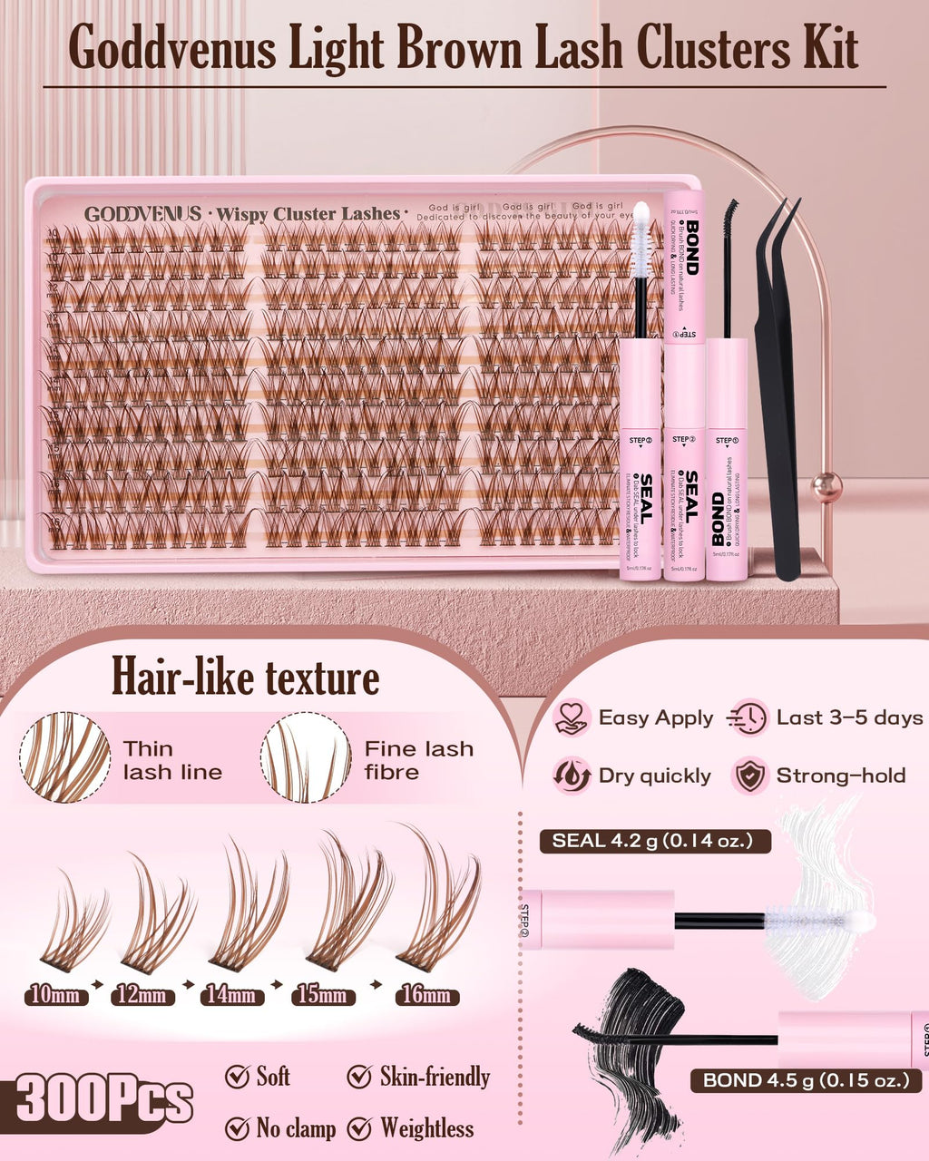 Goddvenus Brown Lash Clusters Kit – 300 Wispy Lashes (10-16mm) DIY Waterproof